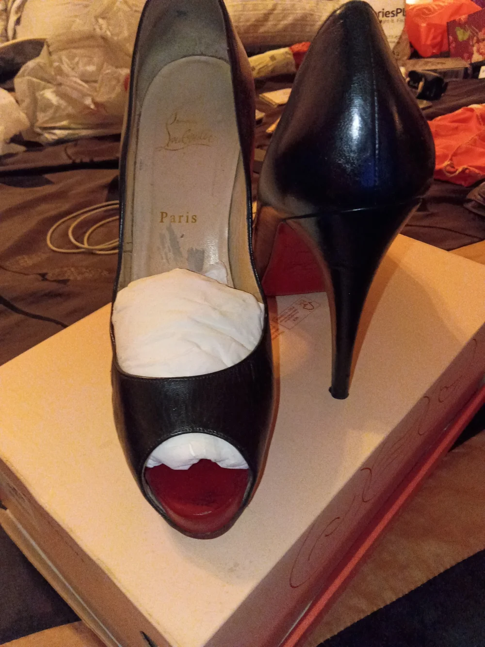 Christian Louboutin Black Leather Open Toe Stiletto Pumps